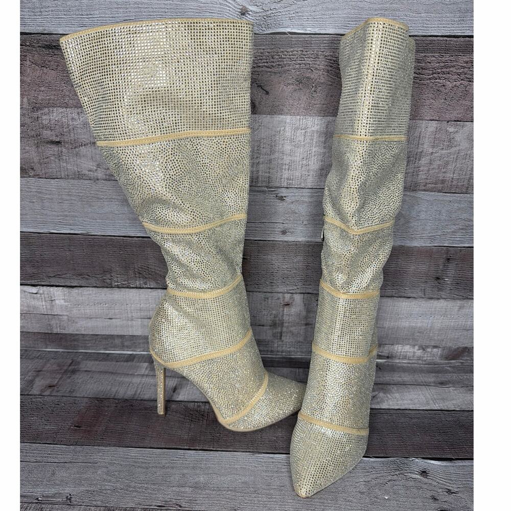 Gold Rhinestone Tall Stiletto Boots Sparkle Bedazzled Crystal Women’s 6 Gift